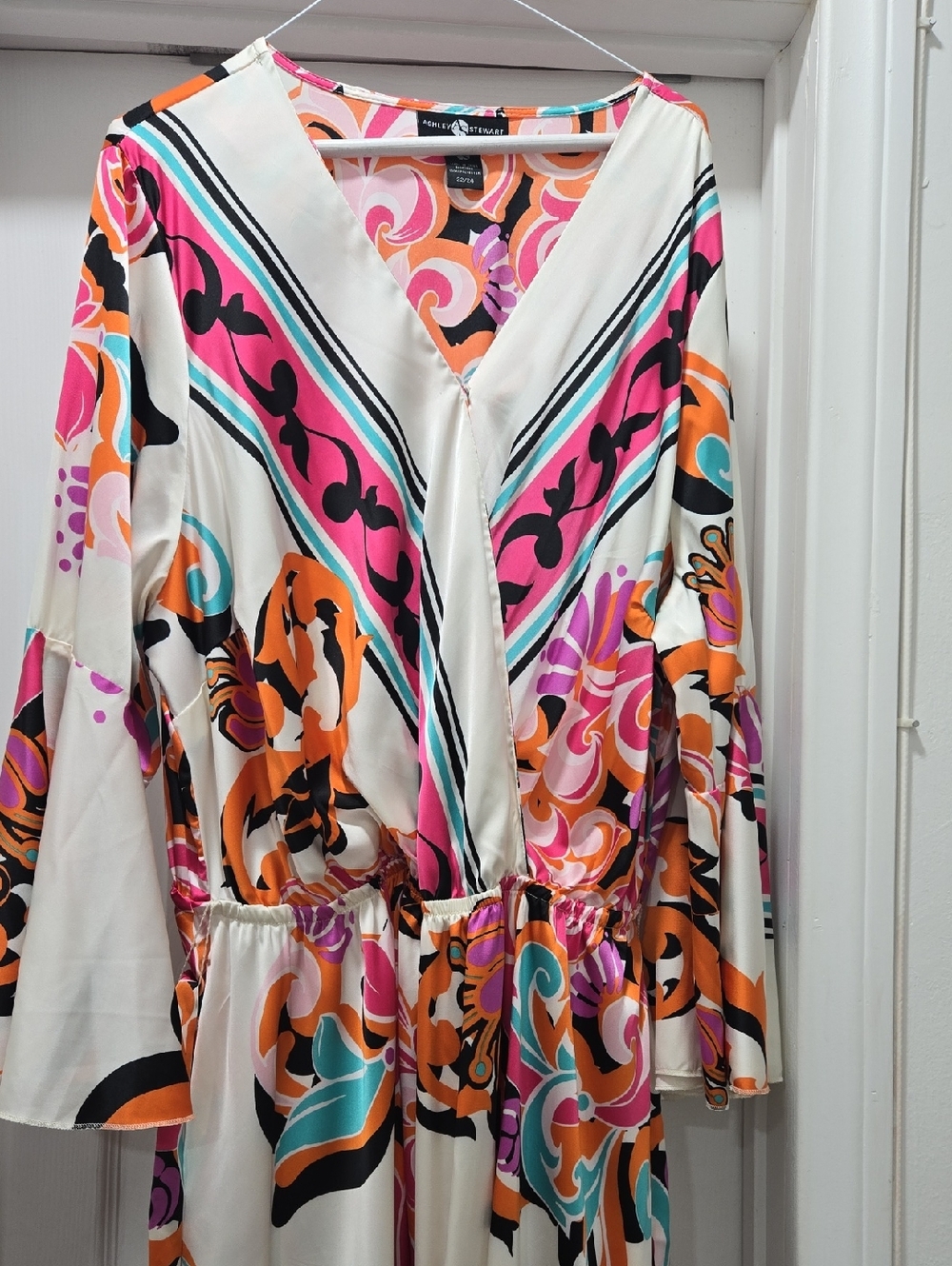 Ashley Stewart Retro Swirl V-Neck Maxi Dress in White, Pink & Orange